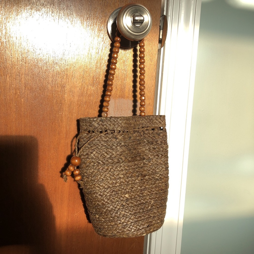 Brown woven bag with beaded cinch. Unique!